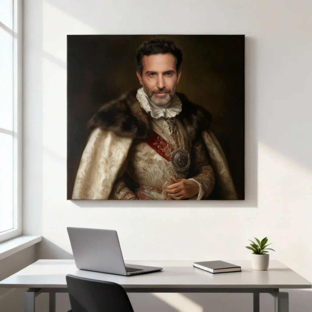 Custom painting of a historical figure, rendered in an elegant interior decor style