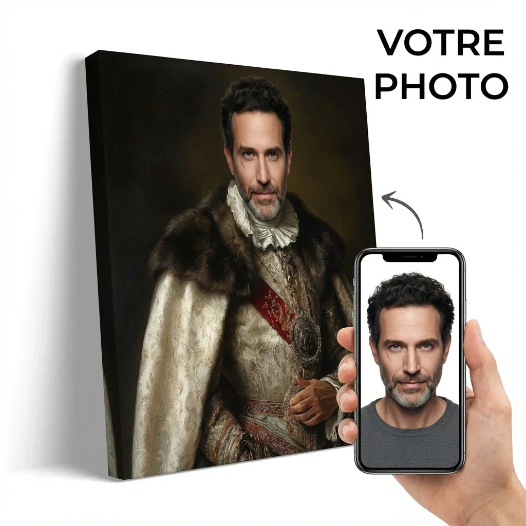 Custom royal portrait painting in antique style, printed on canvas