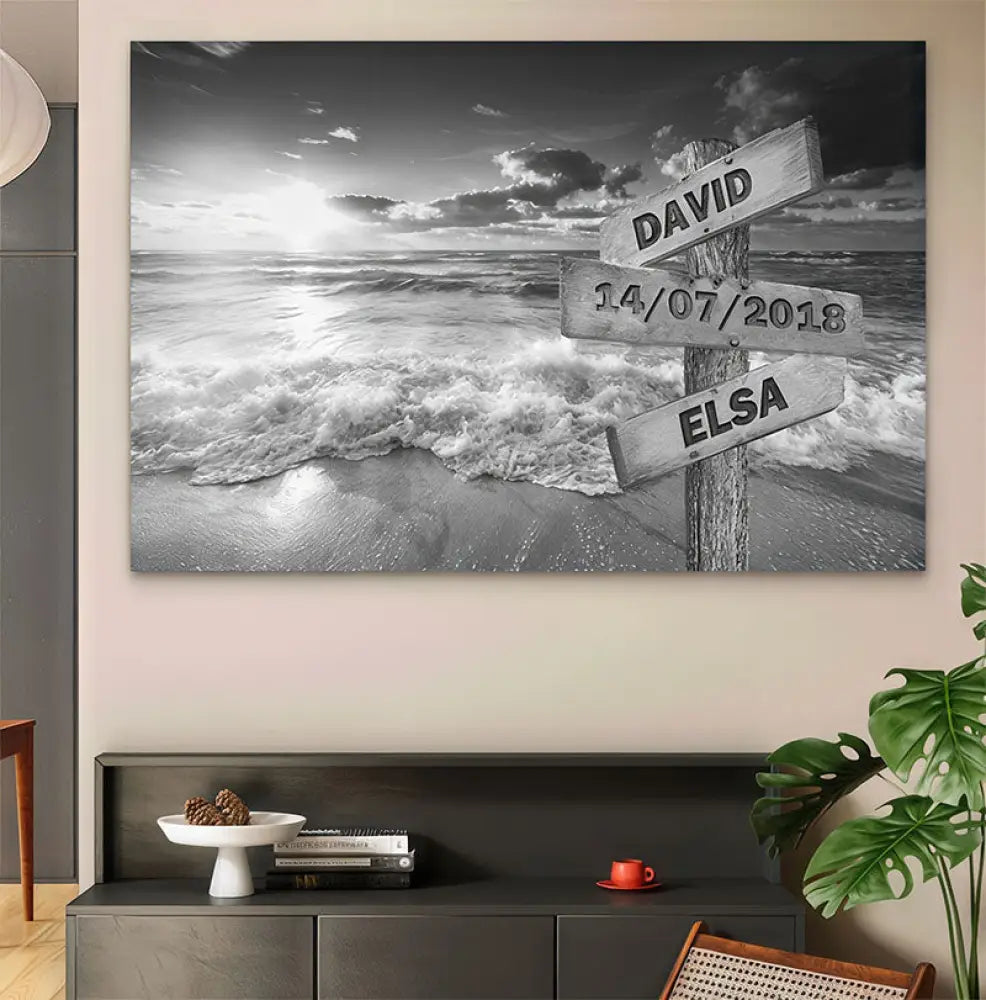 Tableau décoratif personnalisable avec deux prénoms et une date, parfait pour un couple