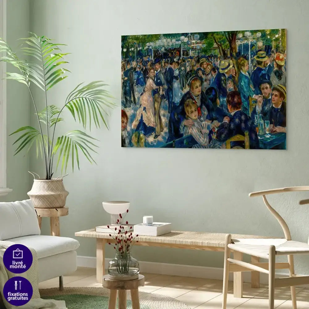 Tableau Renoir Bal du Moulin de la Galette accroché au-dessus d’un canapé, ambiance salon