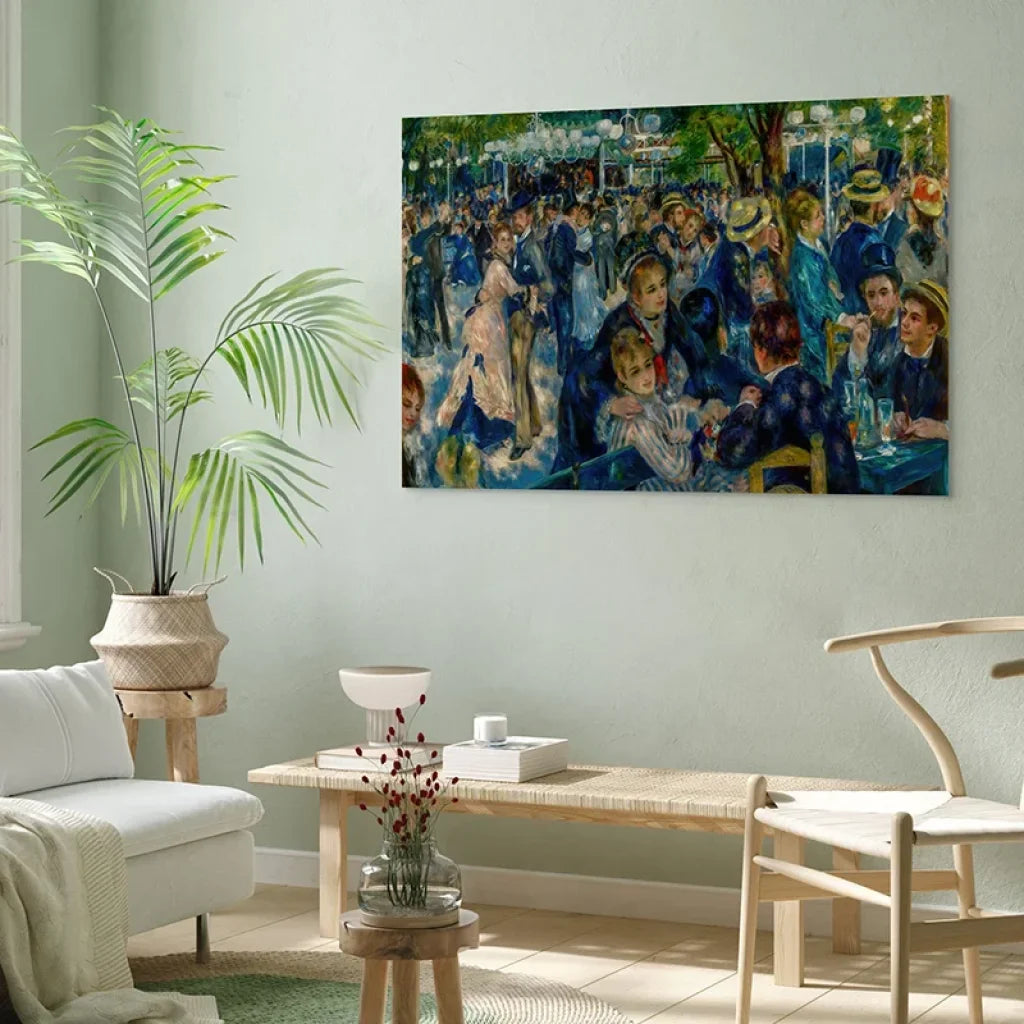 Tableau Renoir Bal du Moulin de la Galette accroché au-dessus d’un canapé, ambiance salon