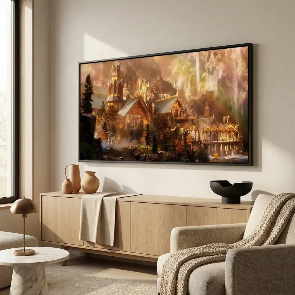 Fantasy wall decoration, luminous wall art of Eregion, epic atmosphere