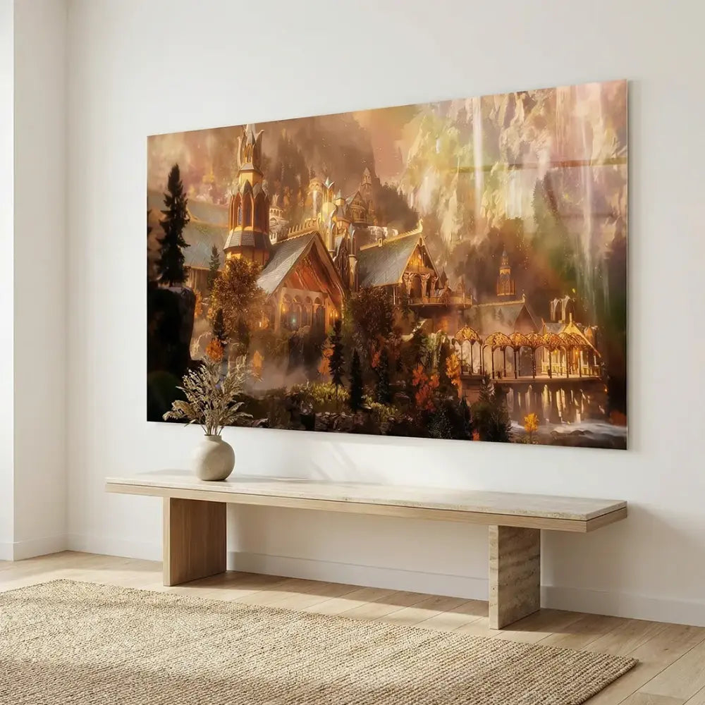 Medieval fantasy painting of a golden city and mountains, HD print