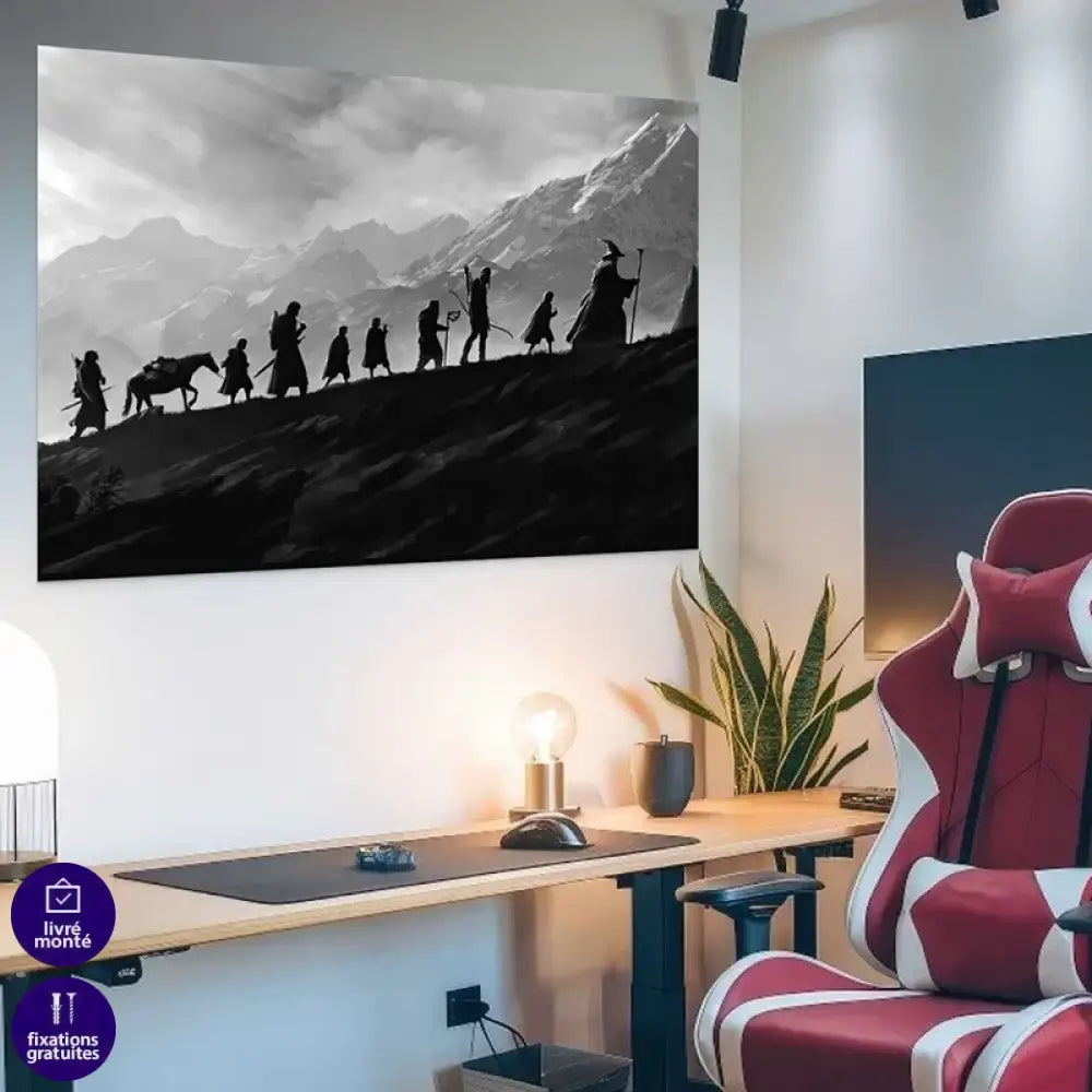 Tableau Seigneur des Anneaux – Vers la Montagne du Destin, silhouettes en marche, noir et blanc
