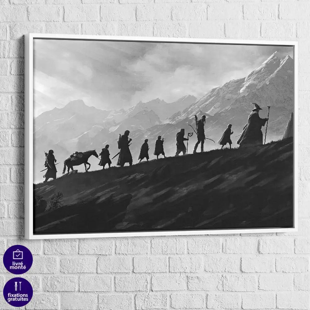 Tableau Seigneur des Anneaux avec cadre blanc – la Communauté en file sur la crête