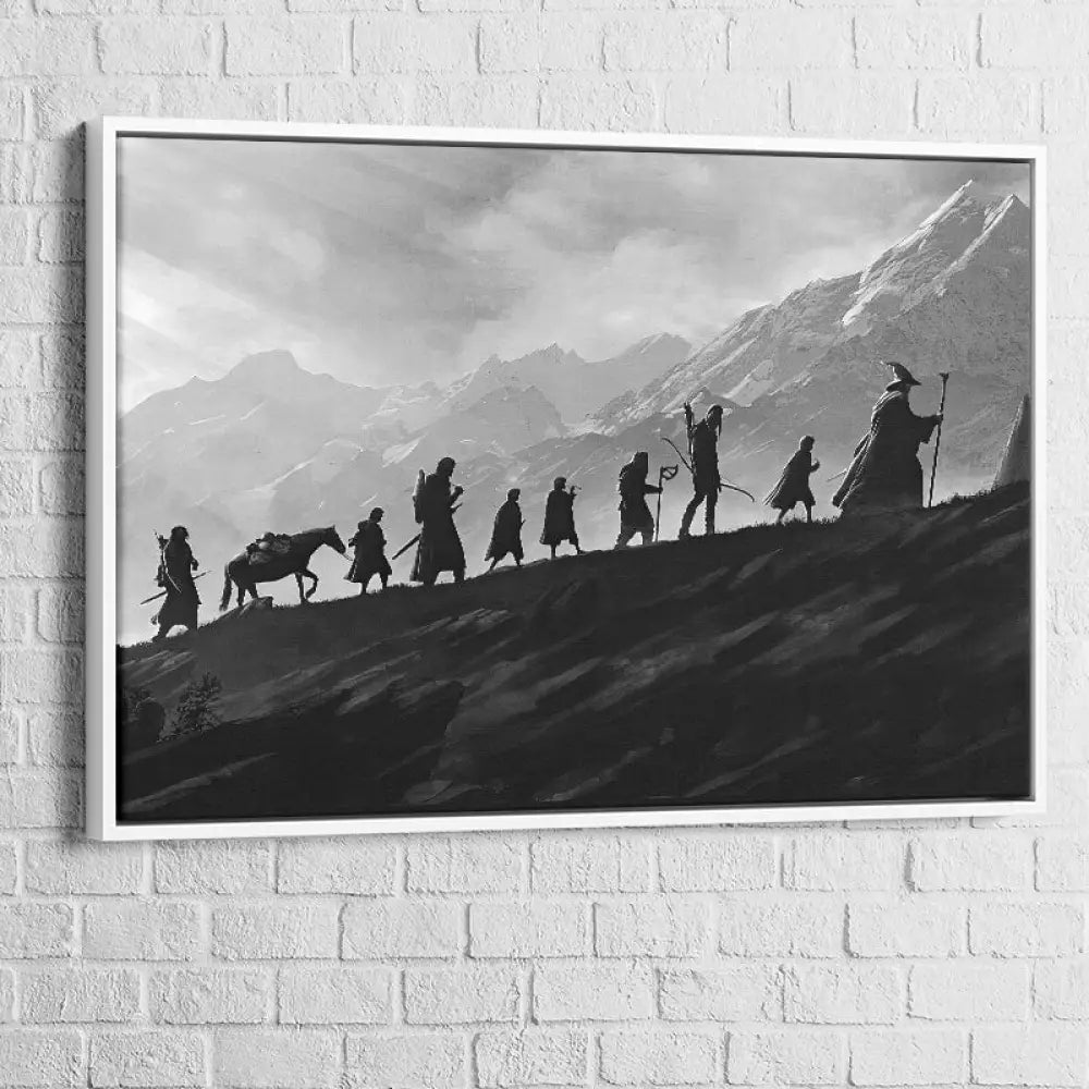 Tableau Seigneur des Anneaux avec cadre blanc – la Communauté en file sur la crête
