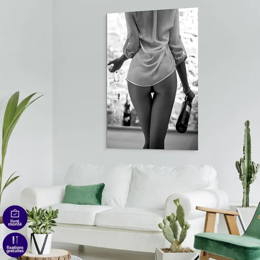 Toile tendue « Champagne & Tentations » – art mural sensuel noir & blanc