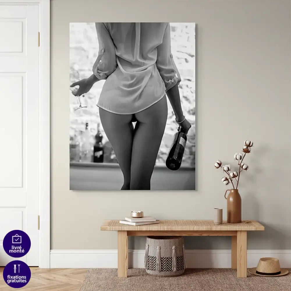 Tableau Sexy « Champagne & Tentations » en noir et blanc – silhouette élégante