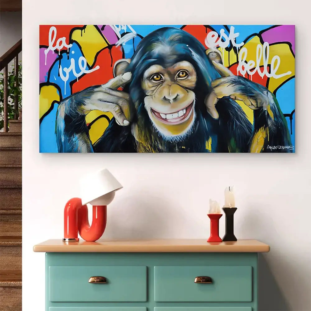 Tableau street art singe souriant "La vie est belle"