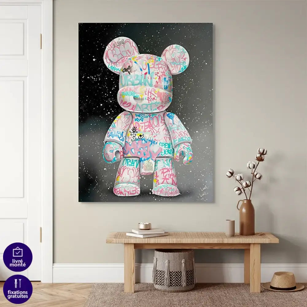 tableau street art bear graffiti multicolore sur fond sombre