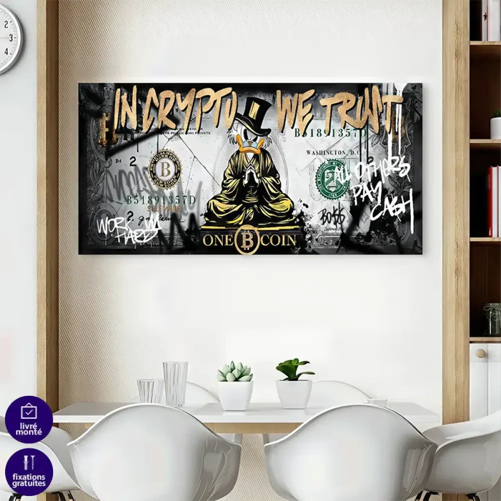 Tableau mural tendance crypto "In Crypto We Trust" ambiance graffiti luxe