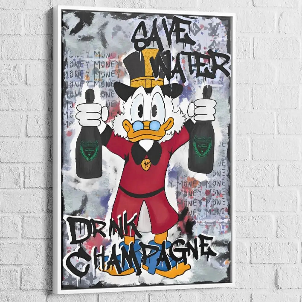 Tableau Street Art Canard et Champagne 40x60cm / Cadre Blanc Tableau Street Art