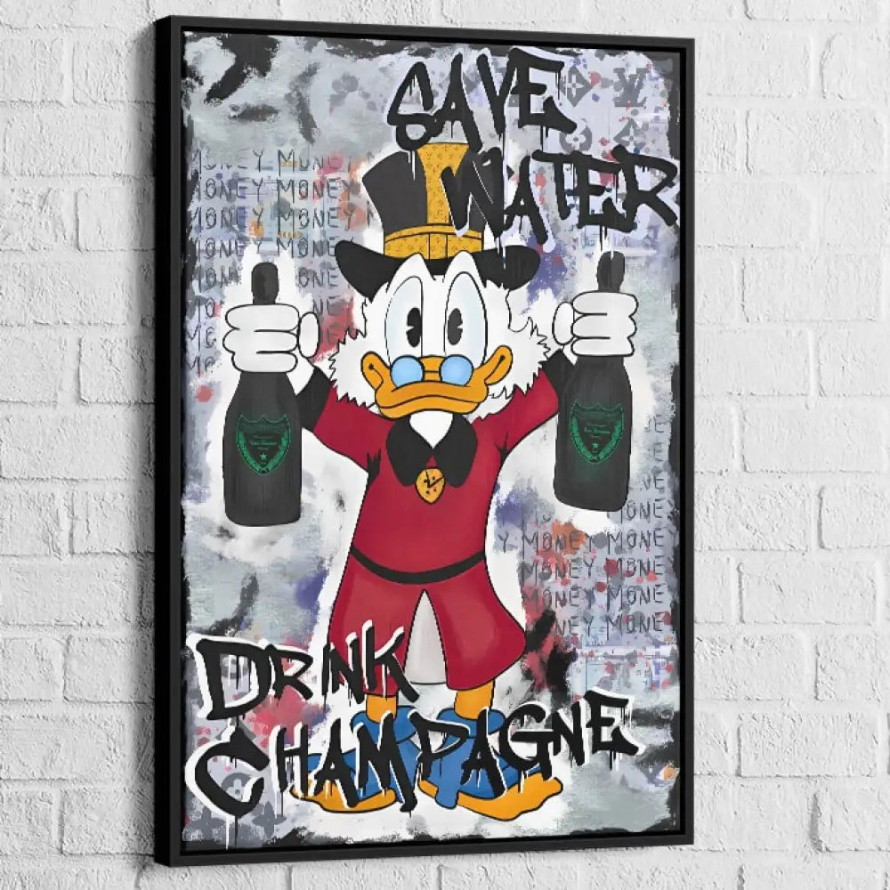 Tableau Street Art Canard et Champagne 40x60cm / Cadre Noir Tableau Street Art