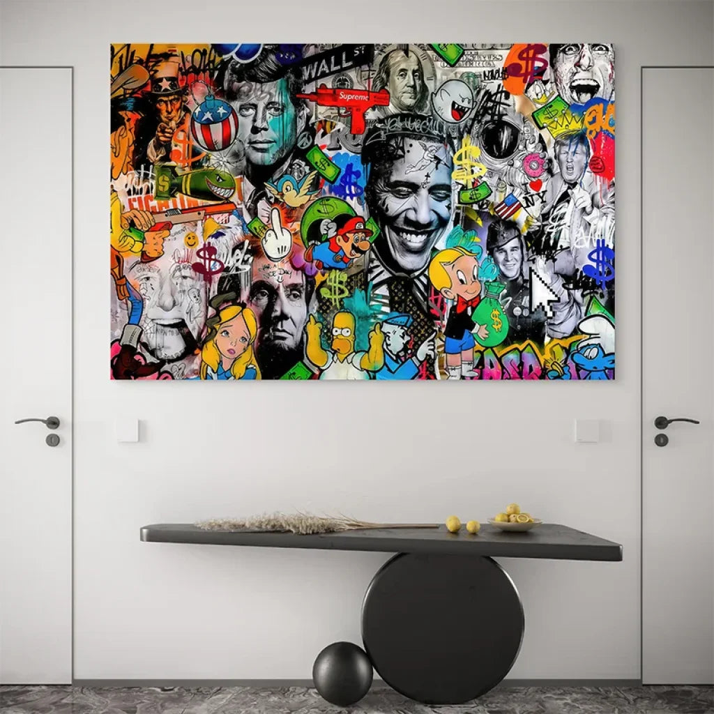 Tableau déco urbain avec Mario, Simpson et Pinocchio