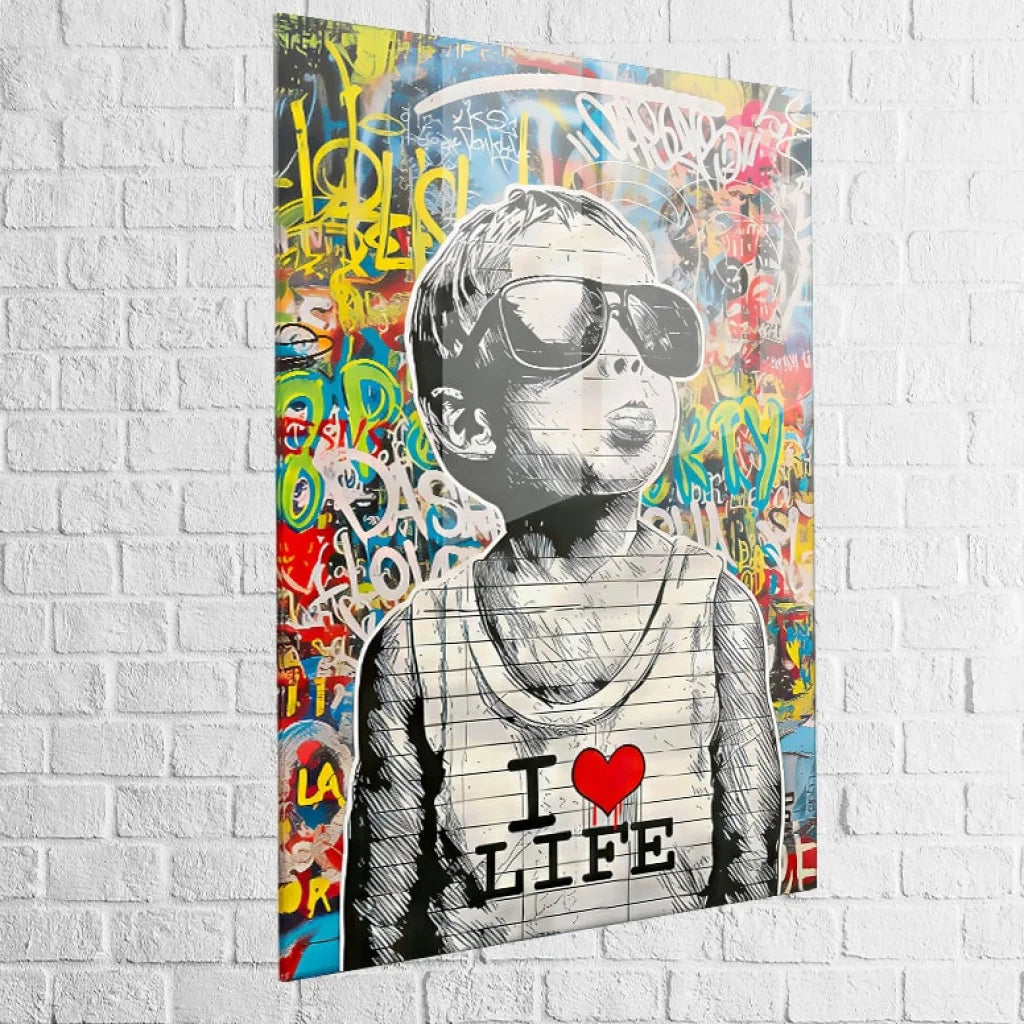 Tableau street art plexiglas enfant I Love Life couleurs éclatantes