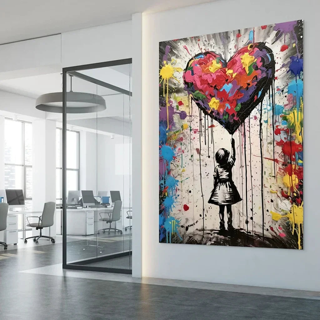 multicolored dripping heart graffiti wall art