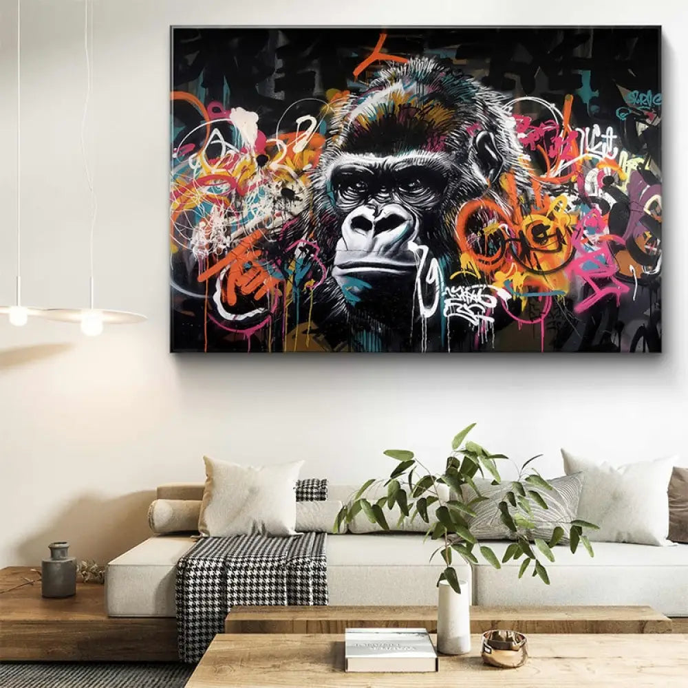 Tableau moderne avec tête de gorille sur fond graffiti abstrait