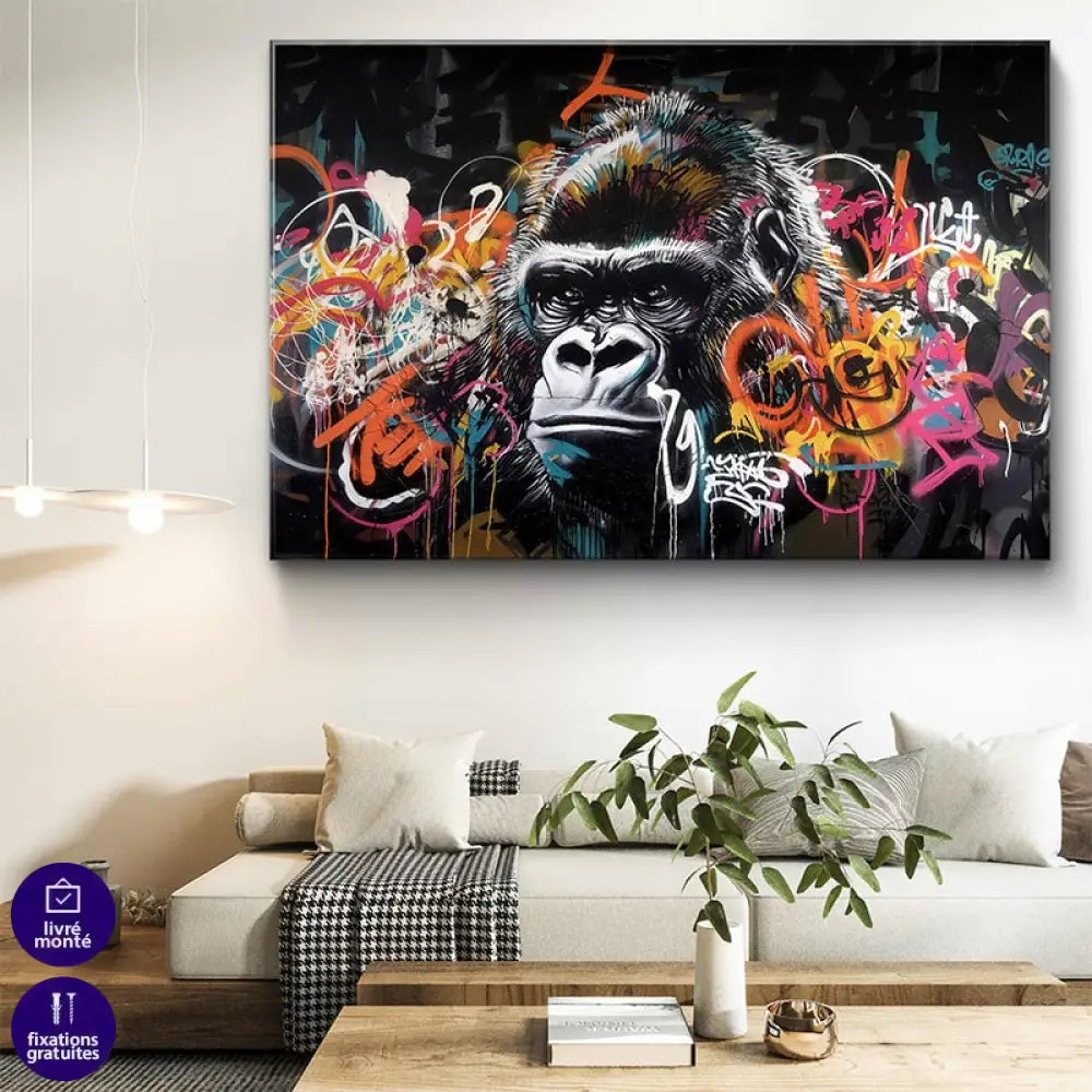 Tableau moderne avec tête de gorille sur fond graffiti abstrait