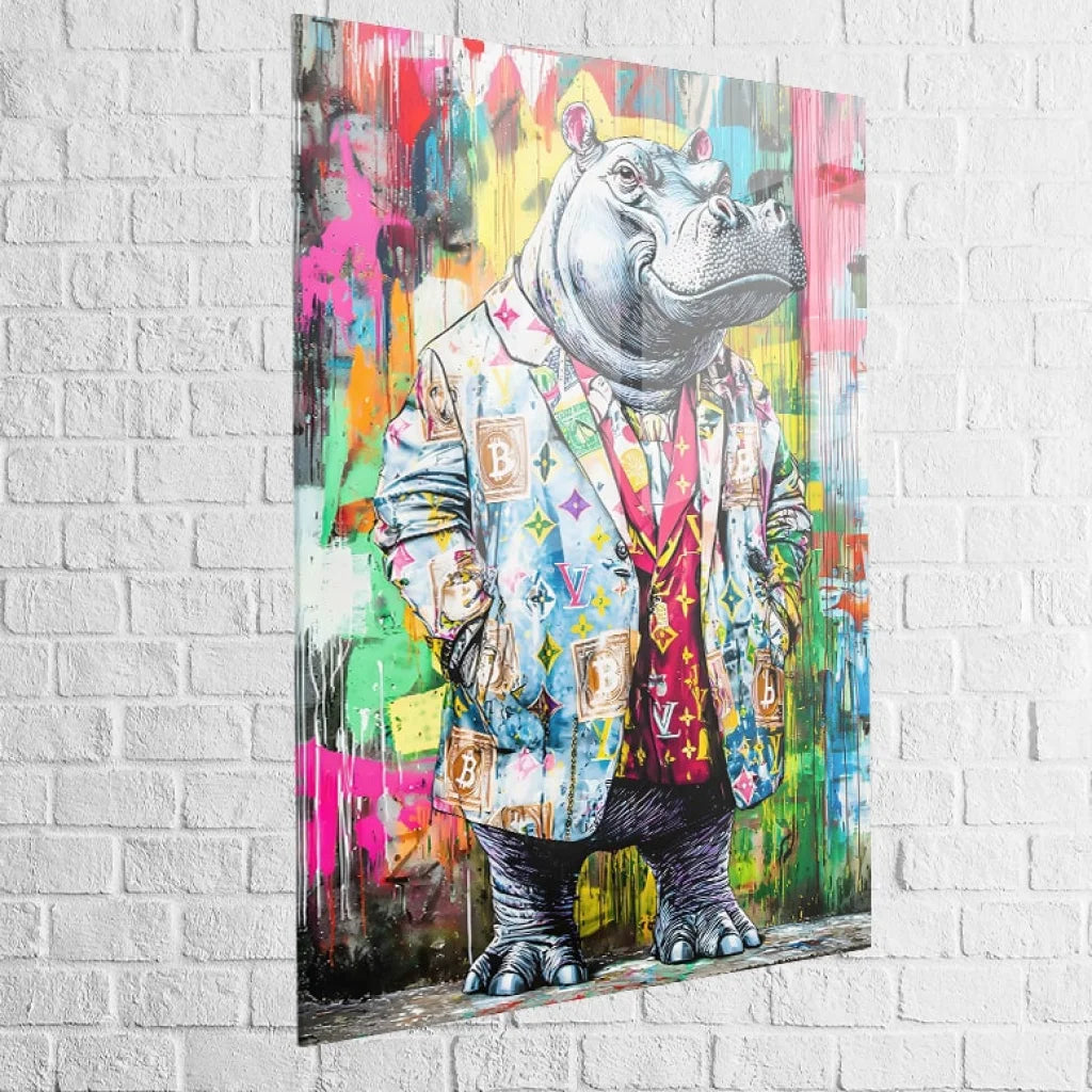Tableau street art plexiglas – hippo en costume rendu brillant