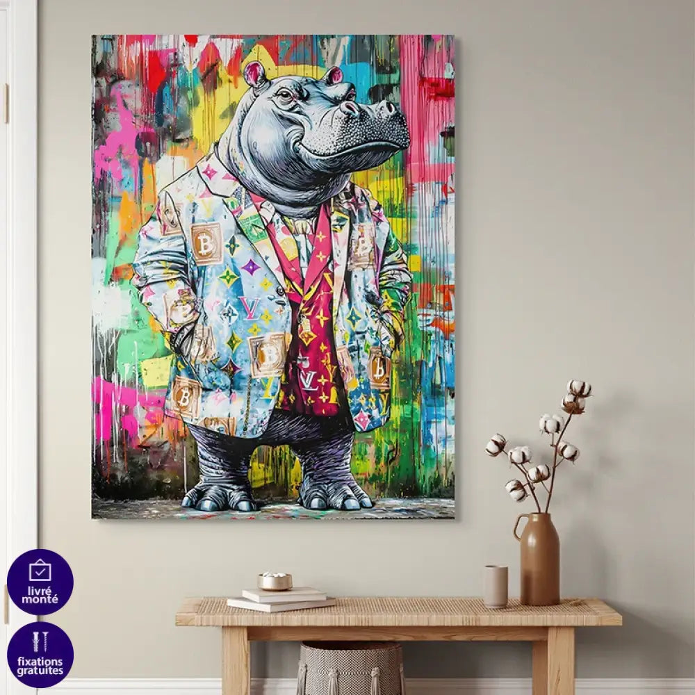Grand format XXL – hippopotame en costume pop art contemporain