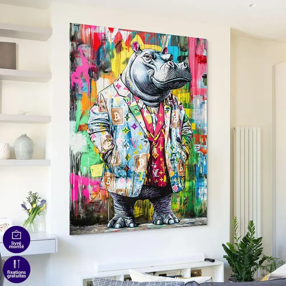 Tableau street art hippopotame en costume pop couleurs vives