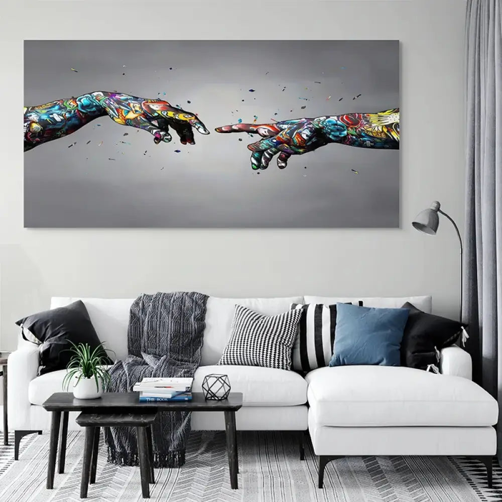Tableau Street Art – mains colorées en mouvement, déco murale design