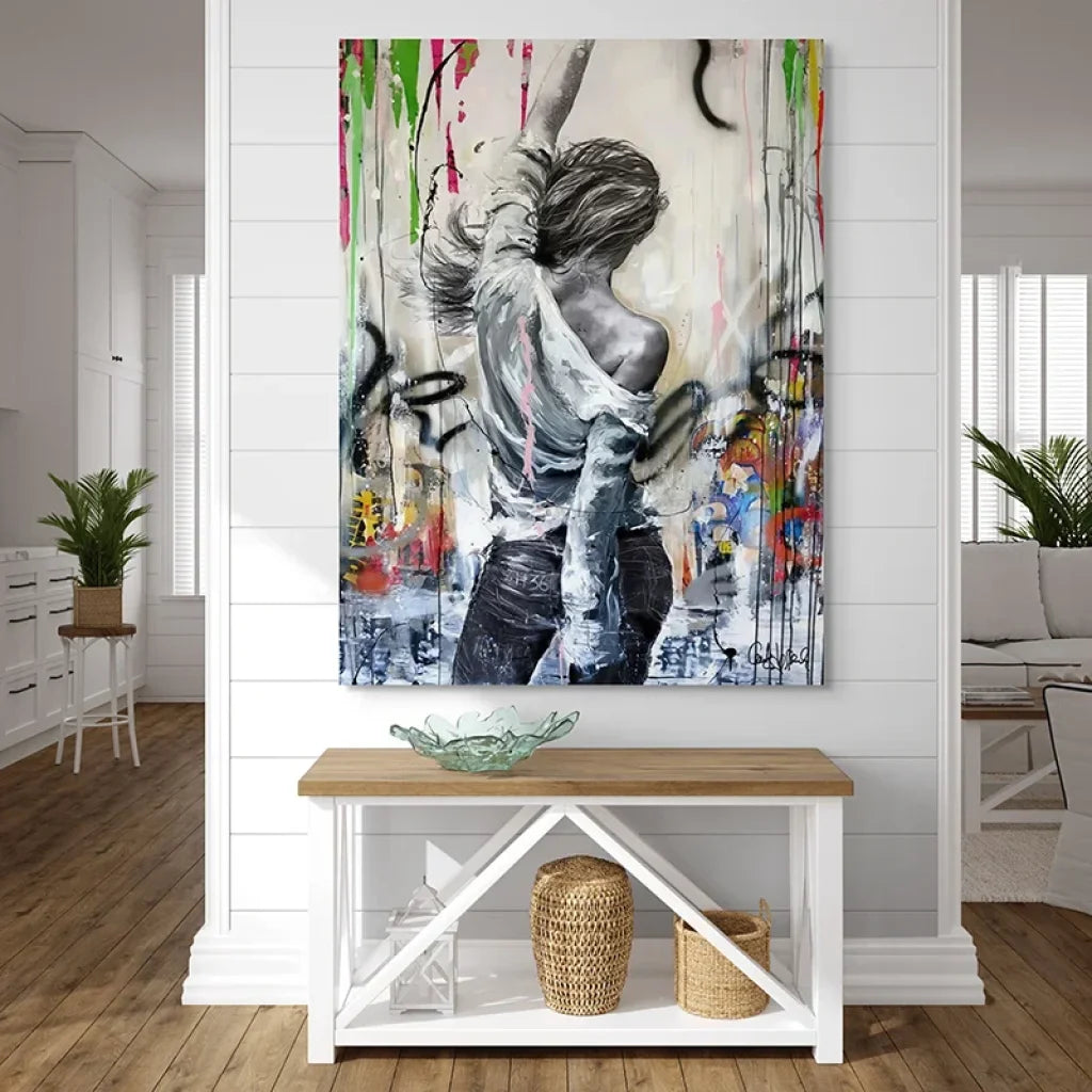 Tableau street art La Danseuse avec coulures néon, déco moderne