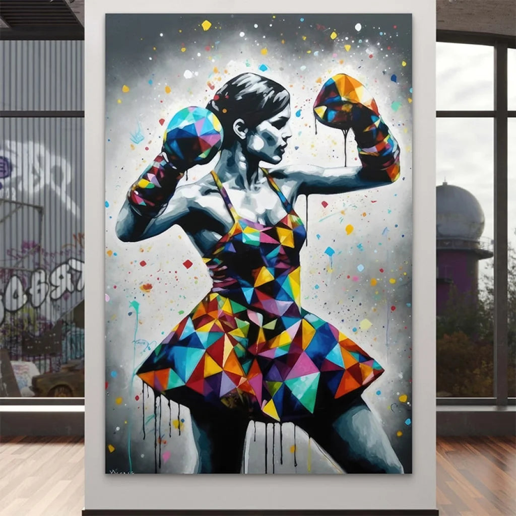 Tableau street art d’une danseuse en gants de boxe multicolores