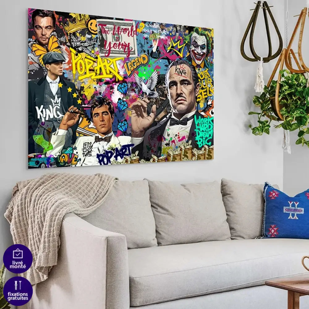 Tableau street art Le Monde T’appartient, collage pop et graffiti, couleurs vives au mur du salon