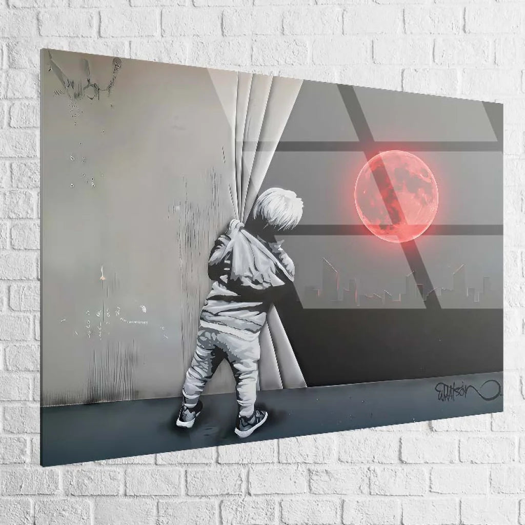 Tableau street art – L’Enfant et la Lune Rouge en plexiglas brillant