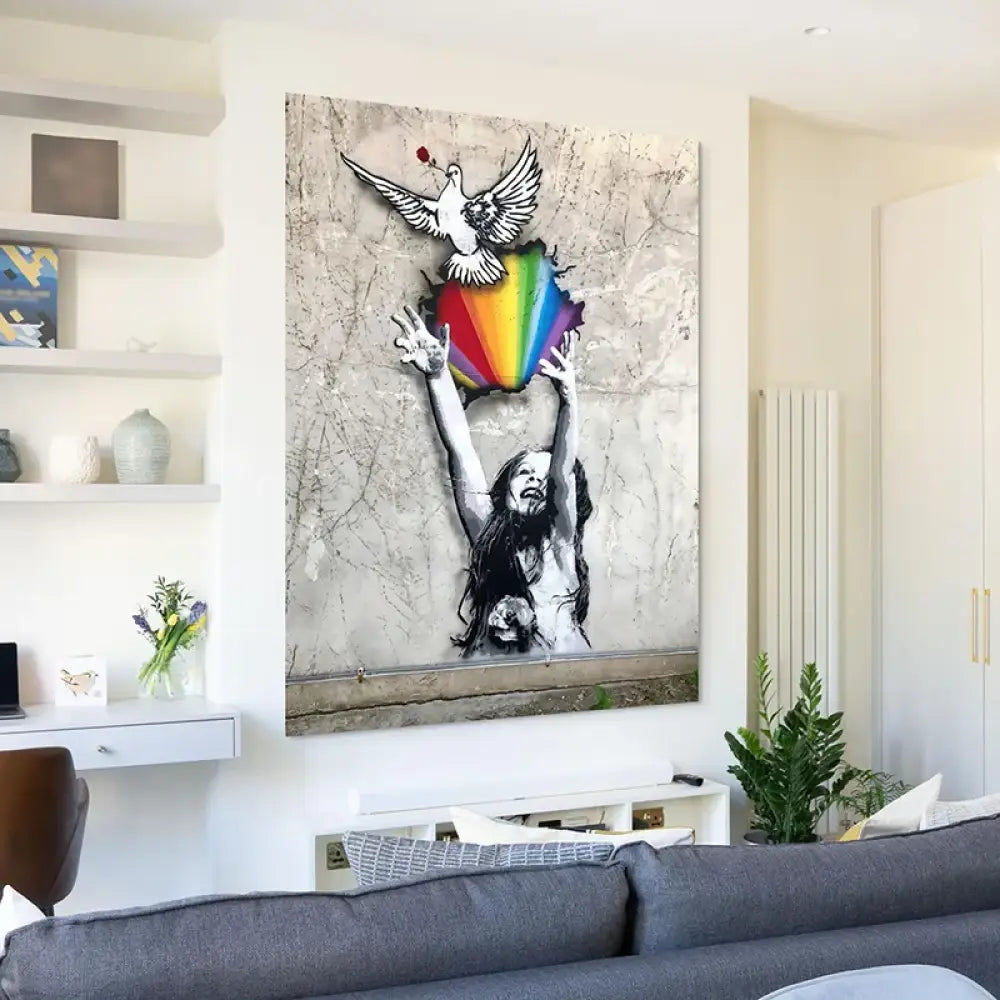 Tableau street art moderne sur mur béton, couleurs vives