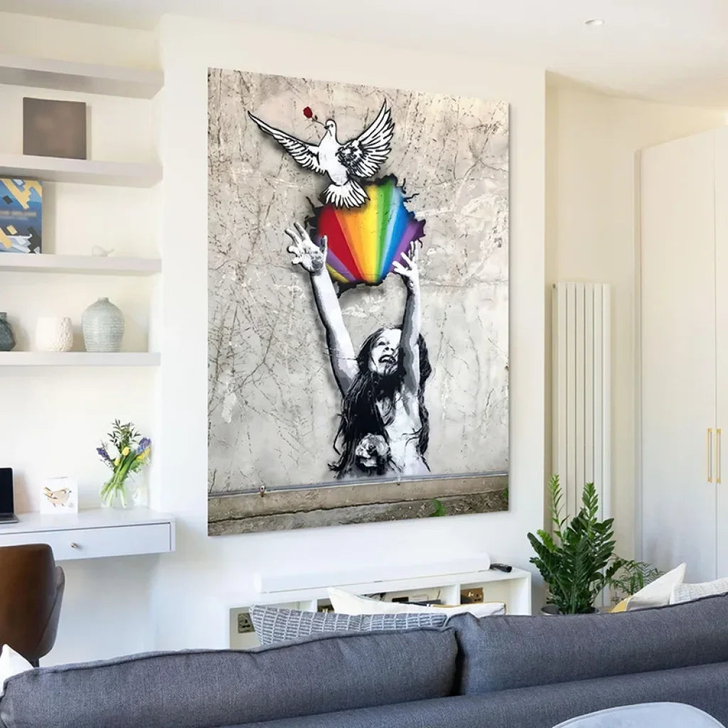 Tableau street art moderne sur mur béton, couleurs vives