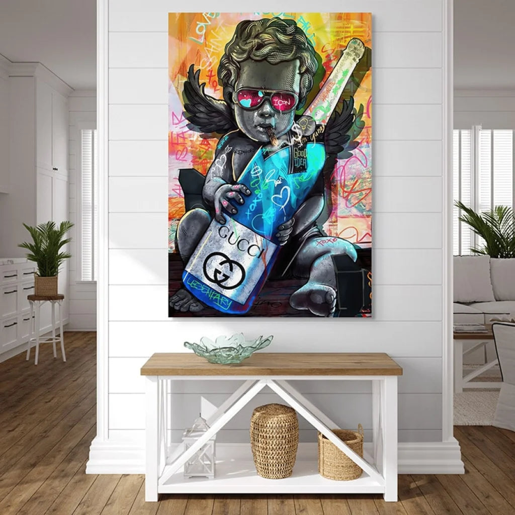 Tableau street art chérubin avec bouteille Gucci et lunettes roses