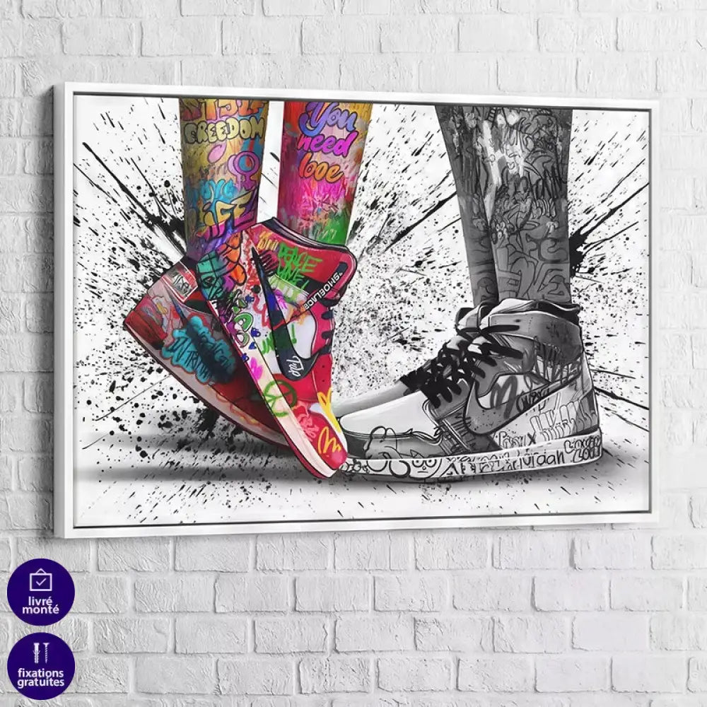 Œuvre murale street art avec contraste de couleurs et graffiti