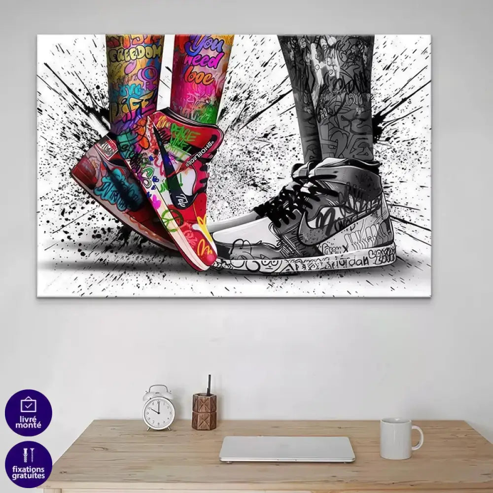 Décoration murale urbaine avec chaussures Nike stylisées en toile