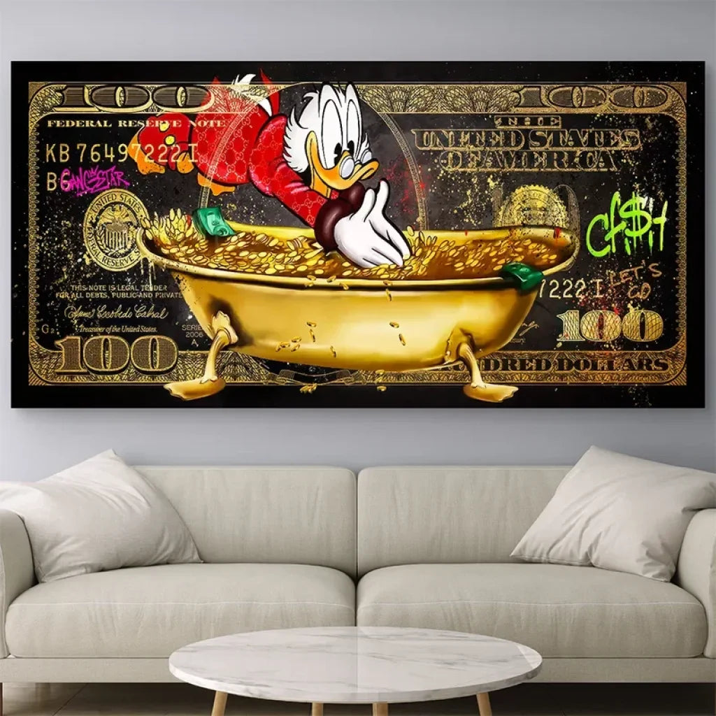 Picsou plongeant dans l’or sur toile moderne grand format