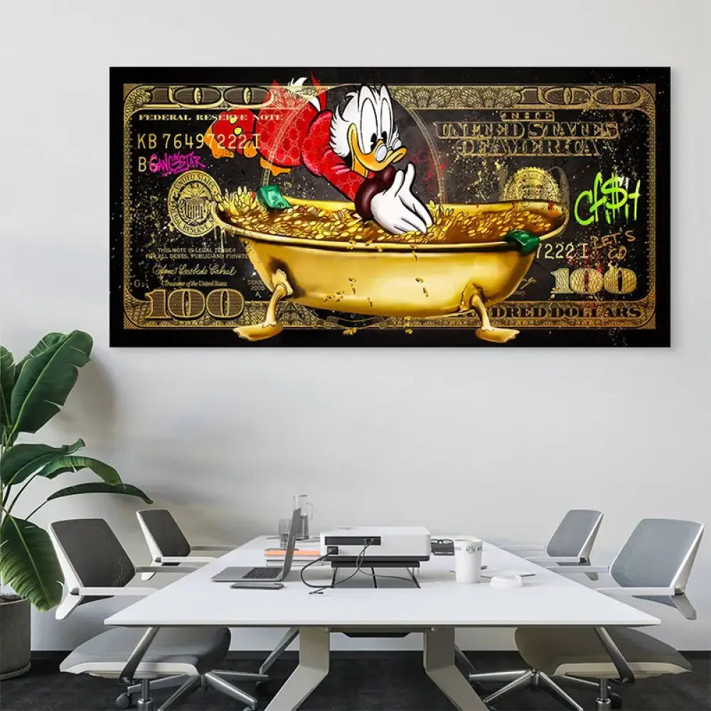 Tableau Street Art Picsou Empire dans une baignoire d’or sur fond de billet