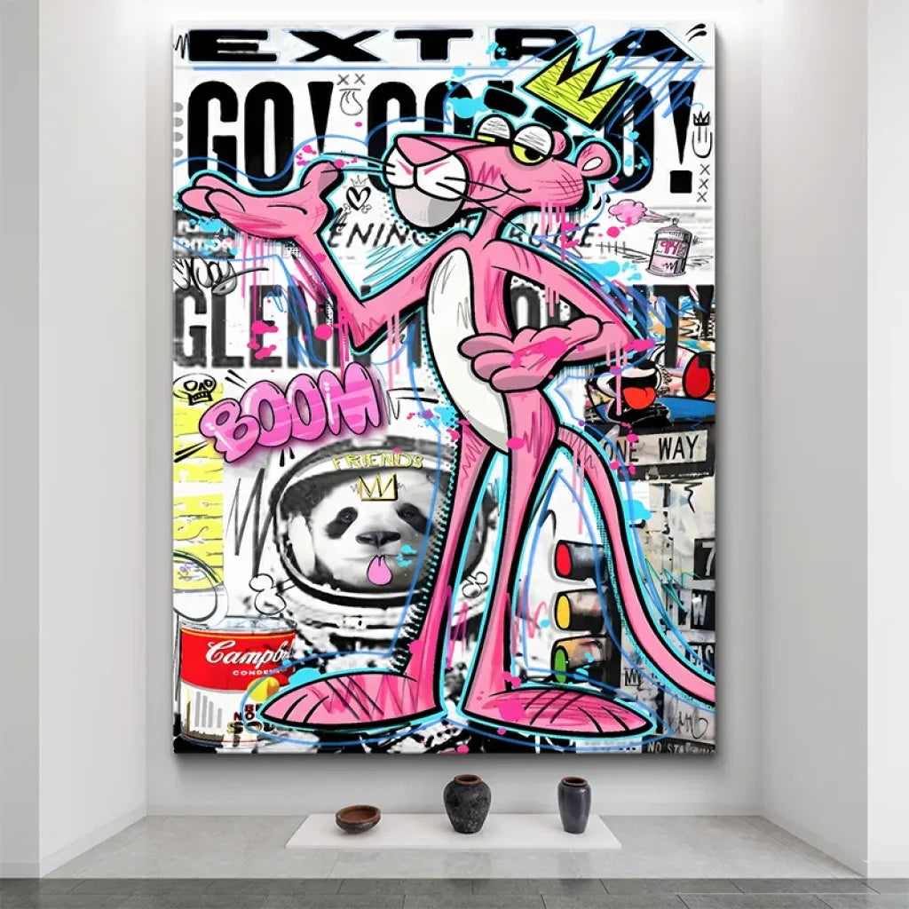 Illustration pop art urbaine avec panthère rose et couronne