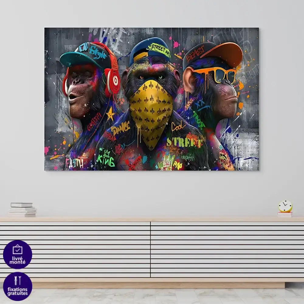 Décoration murale pop art, singes stylisés avec casquettes et bandana