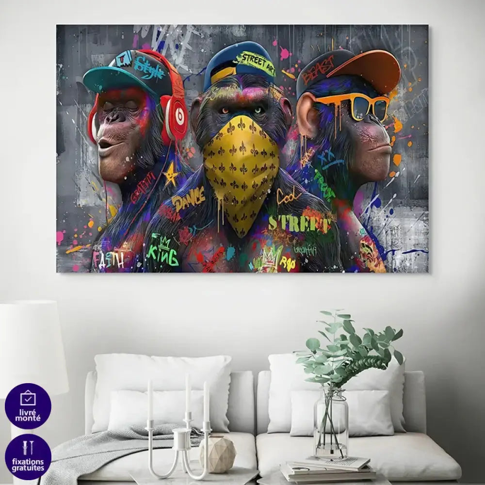 Tableau street art Singes Urbains, trio de primates graffiti aux couleurs vives