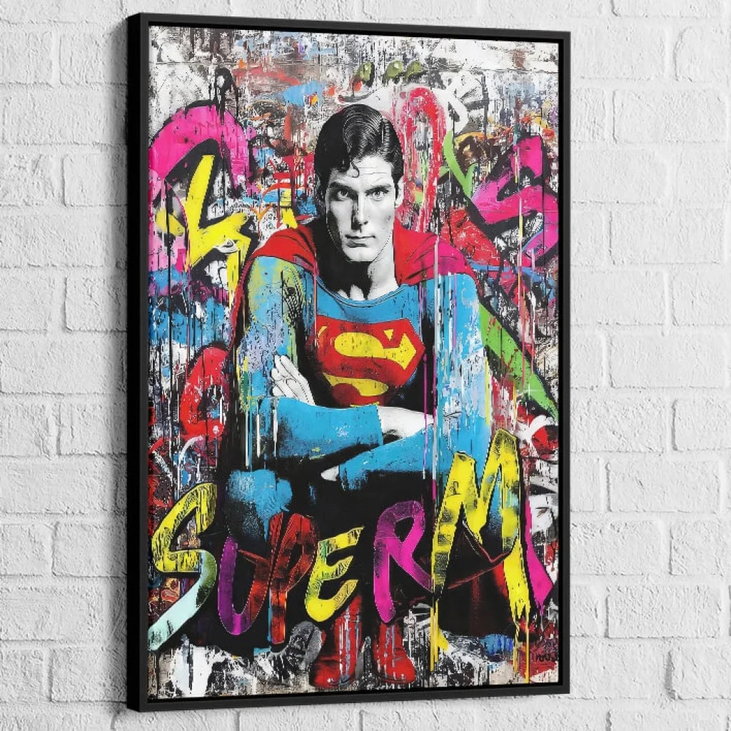 Superman street art painting with Black Floating Frame, urban contrast