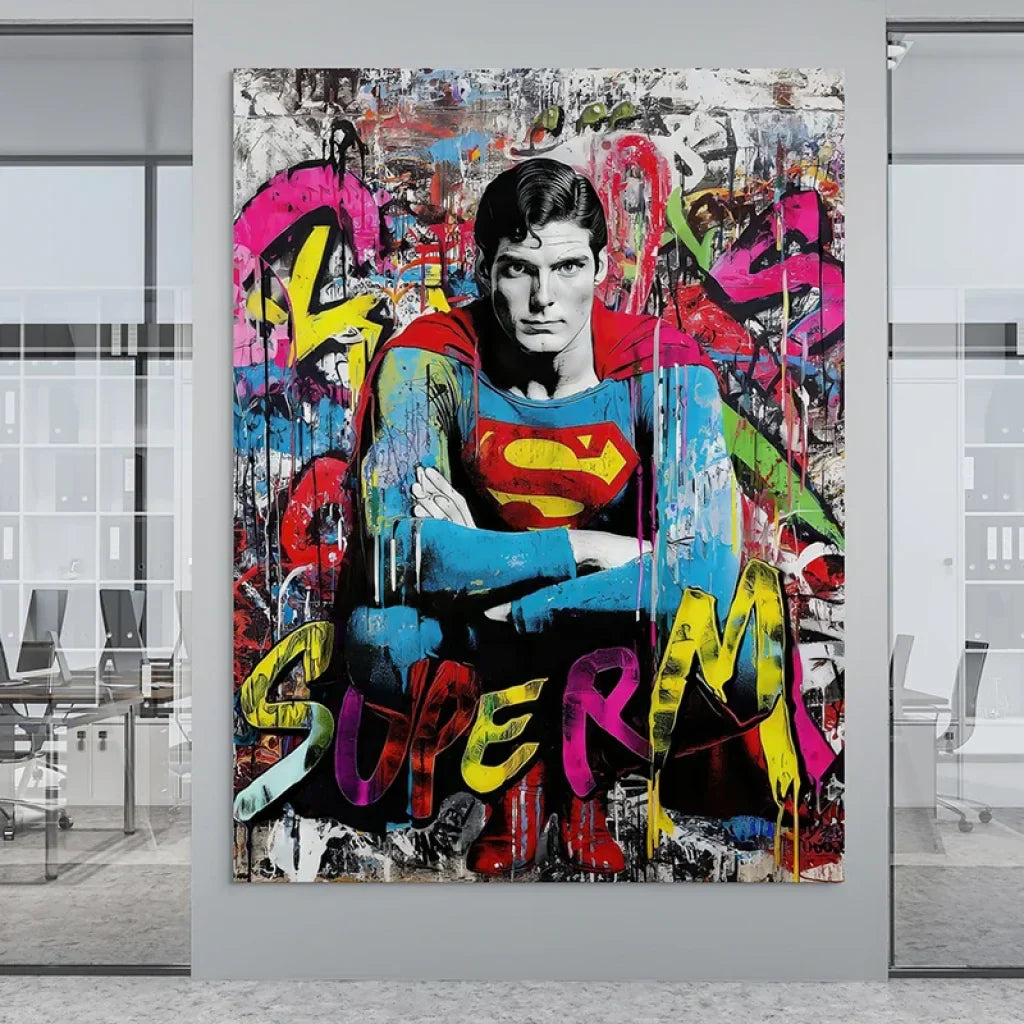 Modern Superman canvas, spray-painted letters and drips