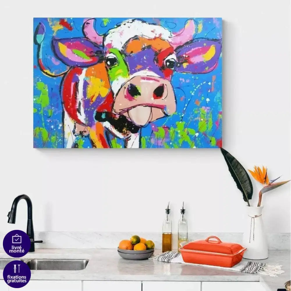 Tableau Vache Colorée La vie est belle - Montableaudeco