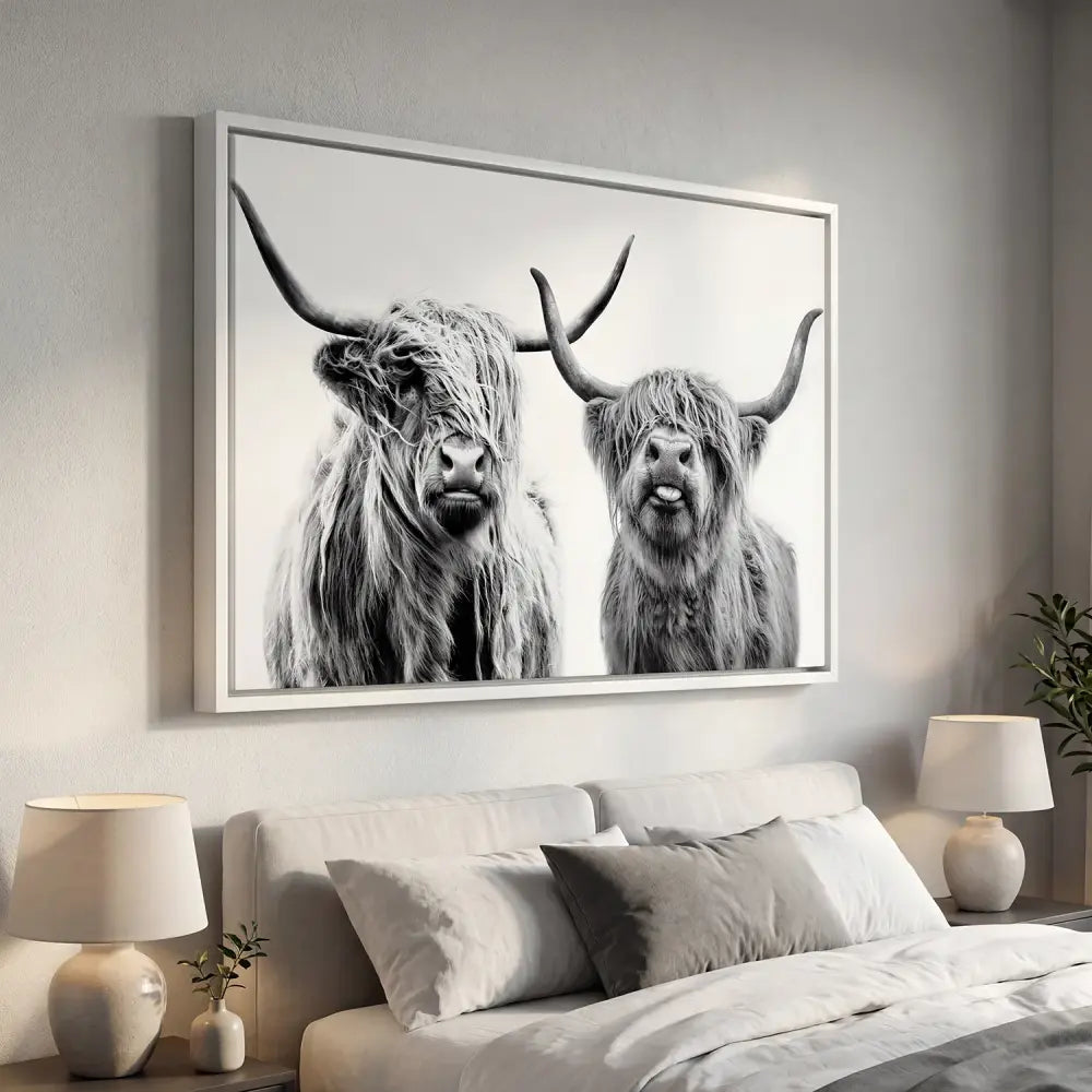 Tableau Vaches Highland Noir et Blanc sur cadre flottant blanc, intérieur moderne et minimaliste