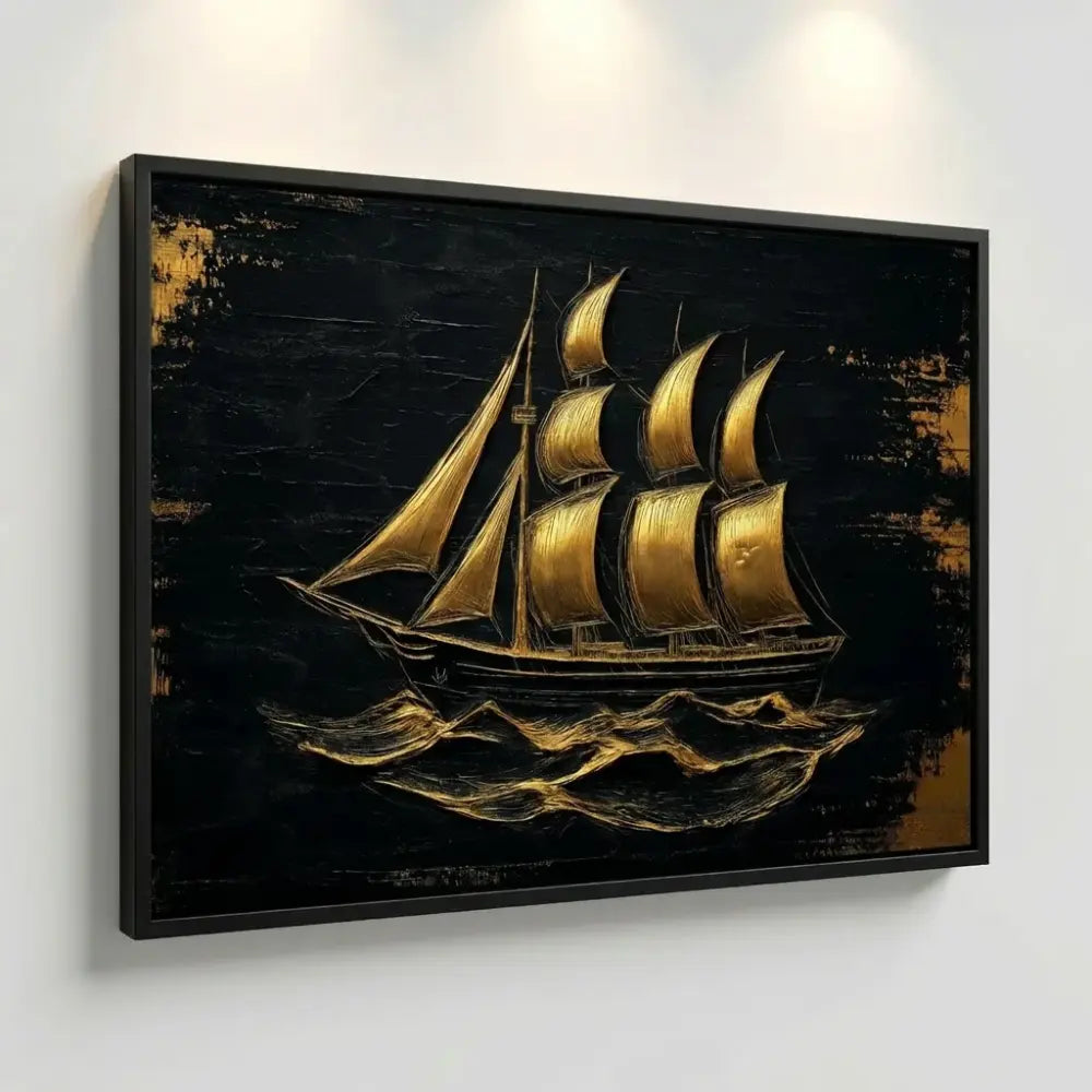 Tableau Voilier Doré - 40x60cm / Cadre Noir - Tableau Mer