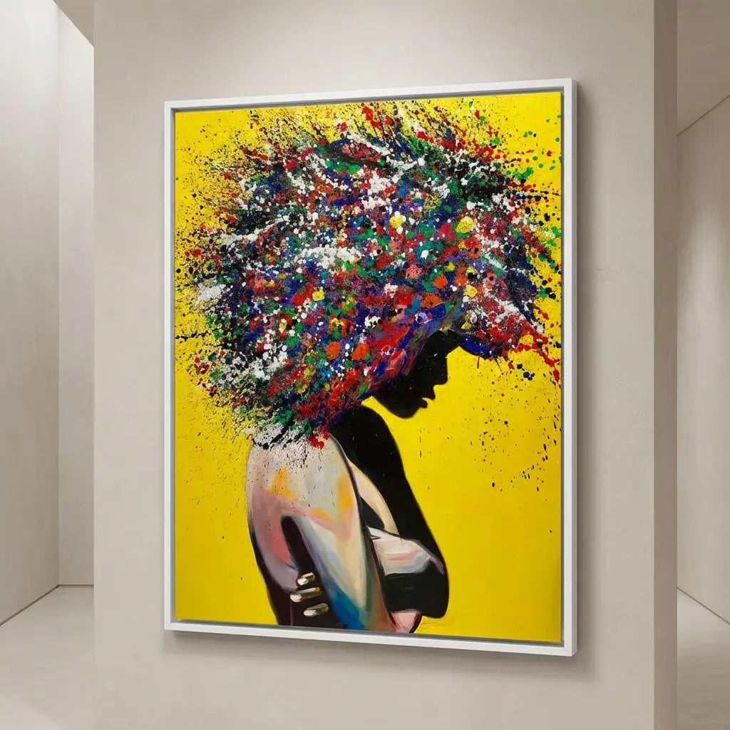 tableau abstrait femme africaine fond jaune coloré