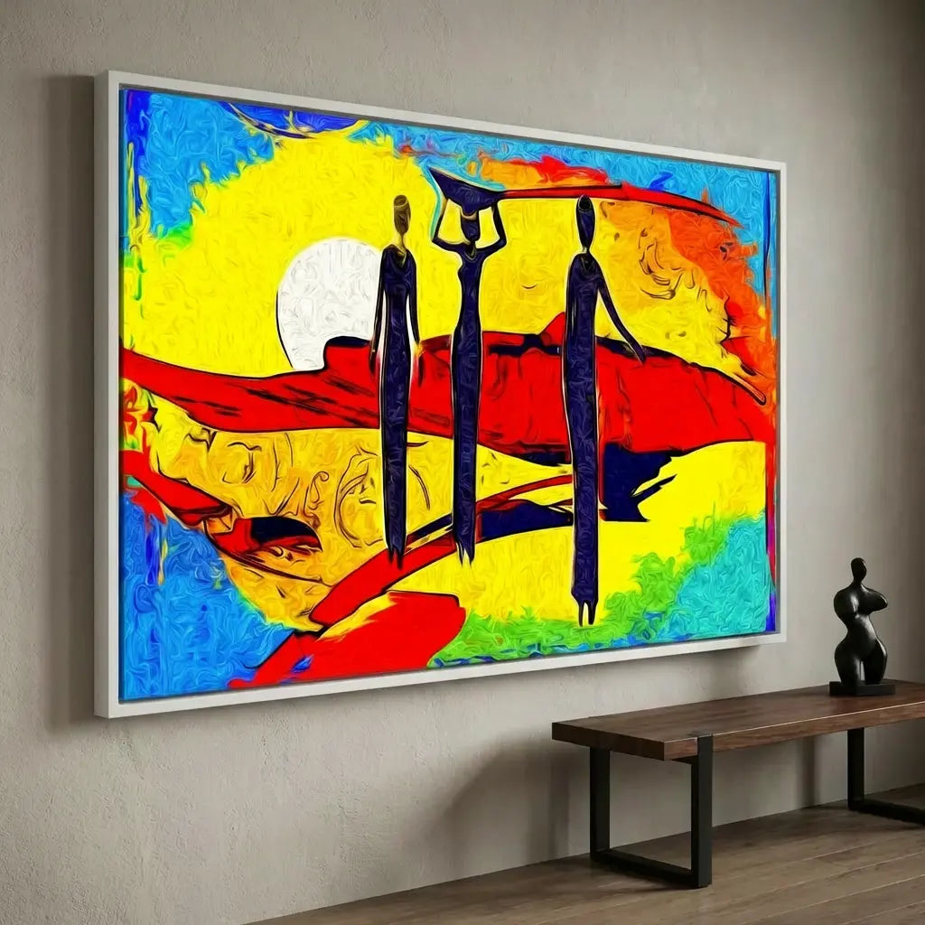tableau afrique silhouettes femmes desert cadre blanc deco murale