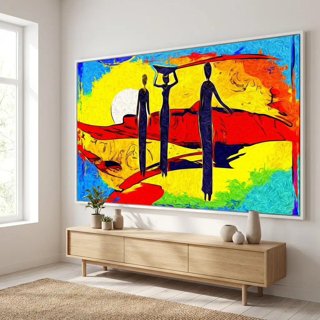 tableau afrique silhouettes femmes desert cadre blanc deco murale