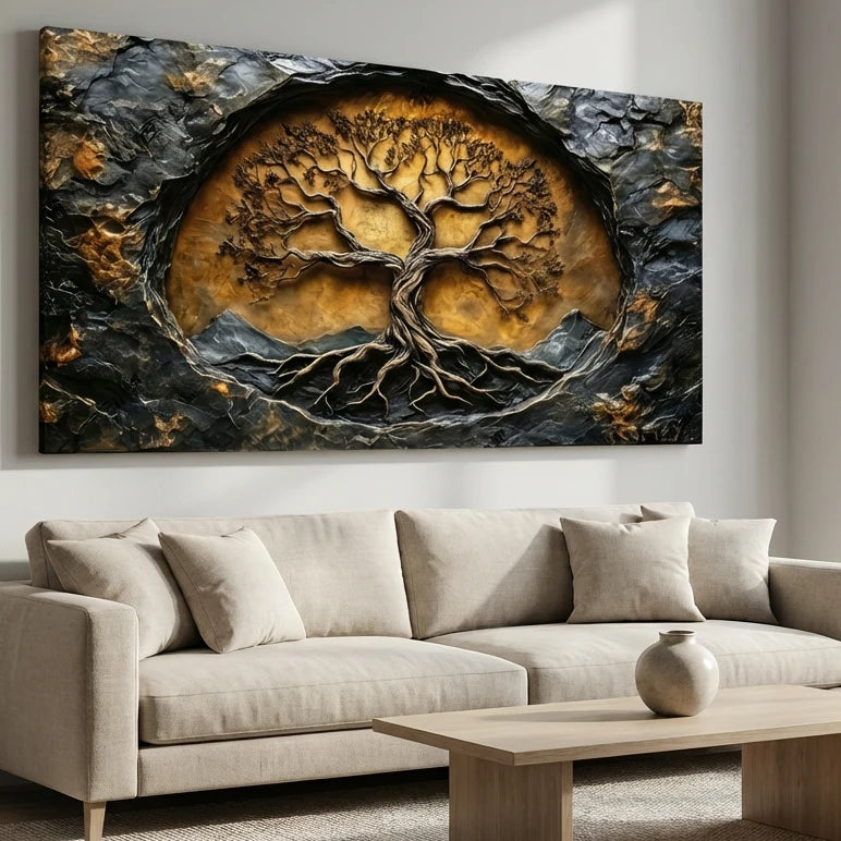 tableau arbre de vie doré relief moderne