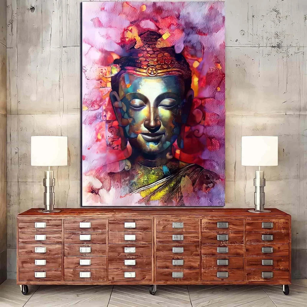 tableau bouddha spirituel rose design contemporain